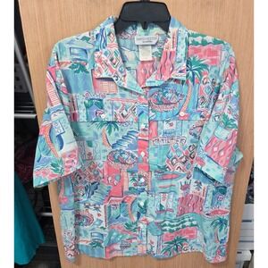 Simply Petites Size 16 Ladies‎ Tropical Print Button Down Short Sleeve Shirt